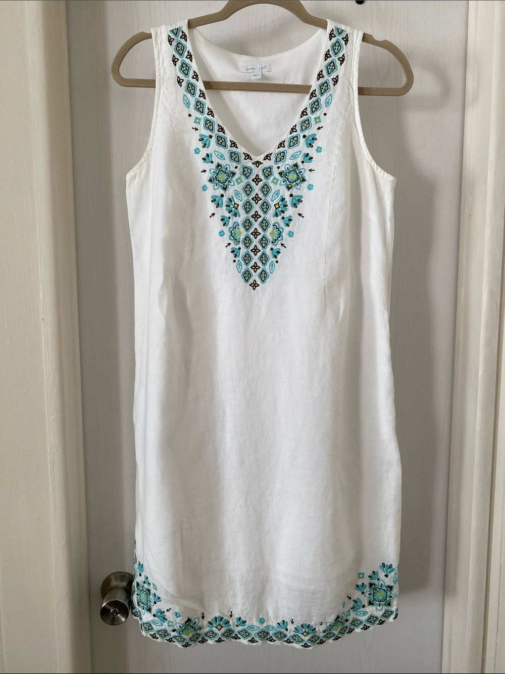 J. Jill White Love Linen Dress with Turquoise Embroidery
